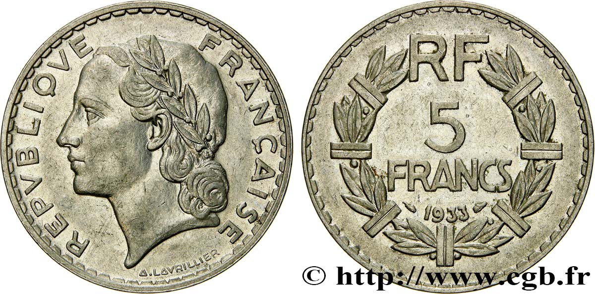 5 francs Lavrillier, nickel 1933  F.336/2 TTB48 