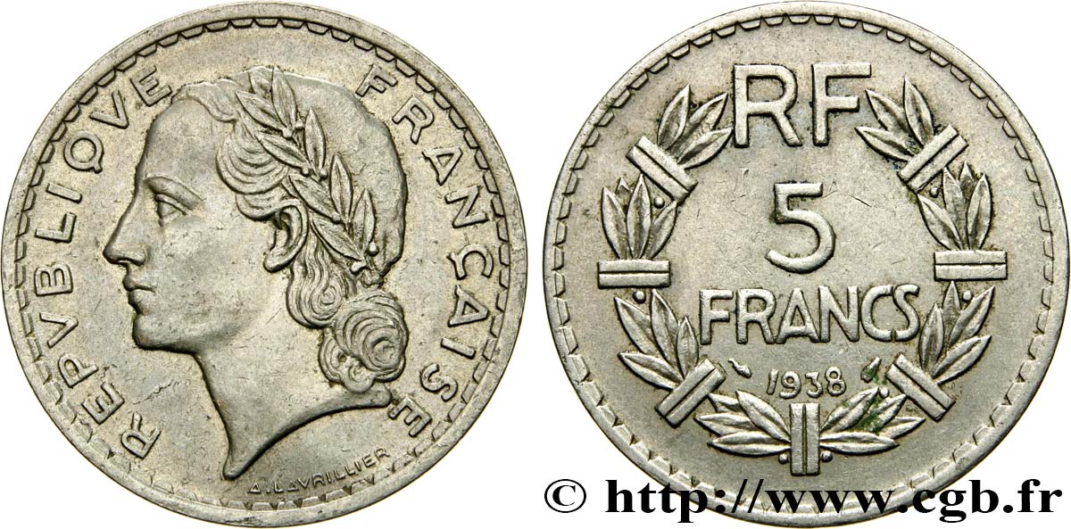 5 francs Lavrillier, nickel 1938  F.336/7 MBC45 