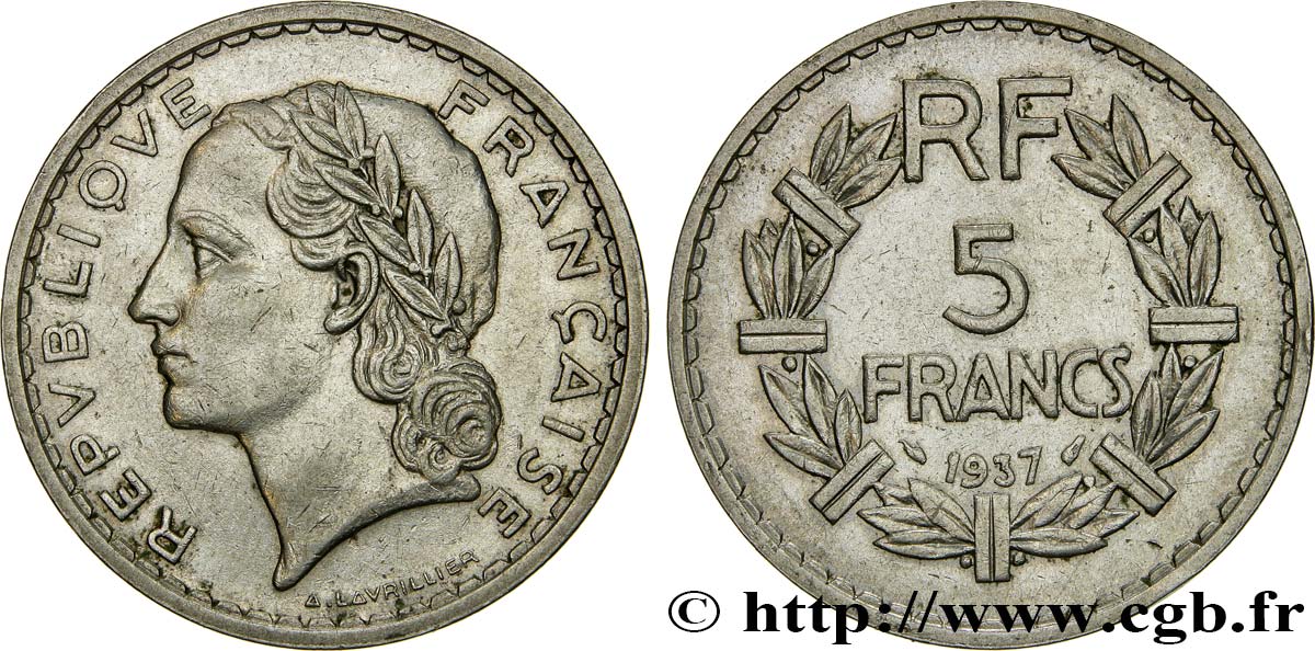5 Francs Lavrillier 1937 - Pièce En Nickel - Monnaie Française
