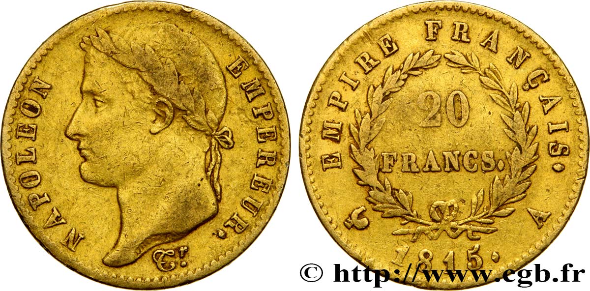 20 francs or Napoléon tête laurée, Cent-Jours 1815 Paris F.516A/1 VF35 