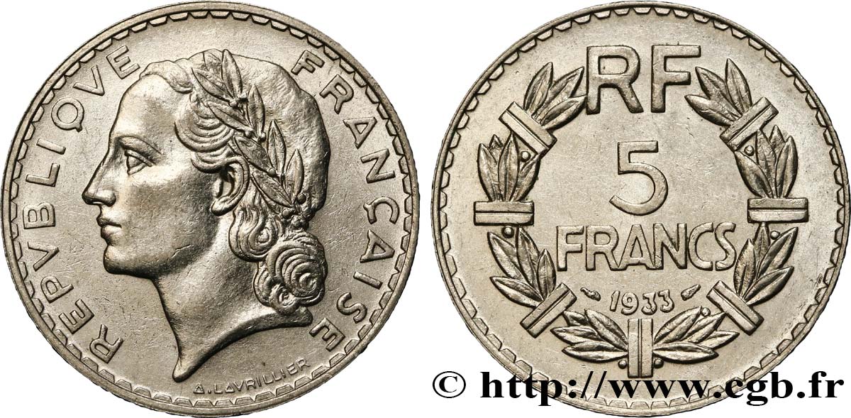 5 francs Lavrillier, nickel 1933  F.336/2 TTB50 