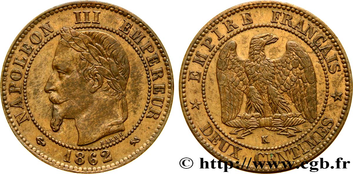 Deux centimes Napoléon III, tête laurée 1862 Bordeaux F.108A/7 AU54 