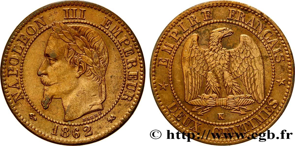Deux centimes Napoléon III, tête laurée 1862 Bordeaux F.108A/7 TTB54 