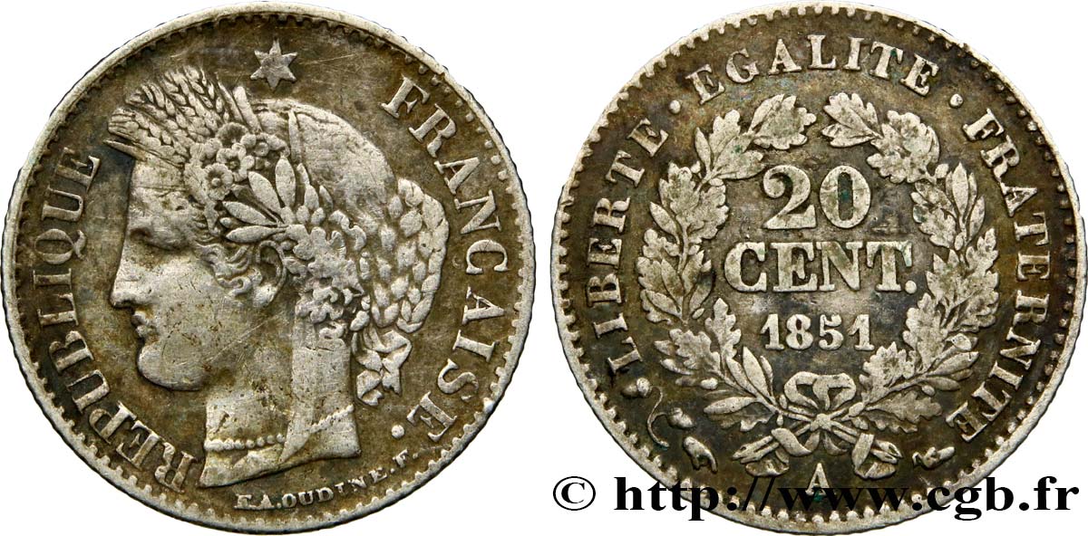 20 centimes Cérès, IIe République 1851 Paris F.146/7 MB25 
