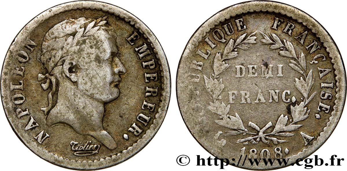 Demi-franc Napoléon Ier tête laurée, République française 1808 Paris F.177/2 TB20 