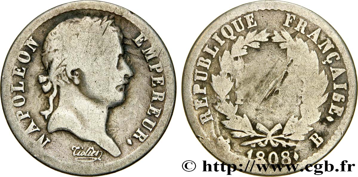 Demi-franc Napoléon Ier tête laurée, République française, buste fin 1808 Rouen F.177/3 RC10 