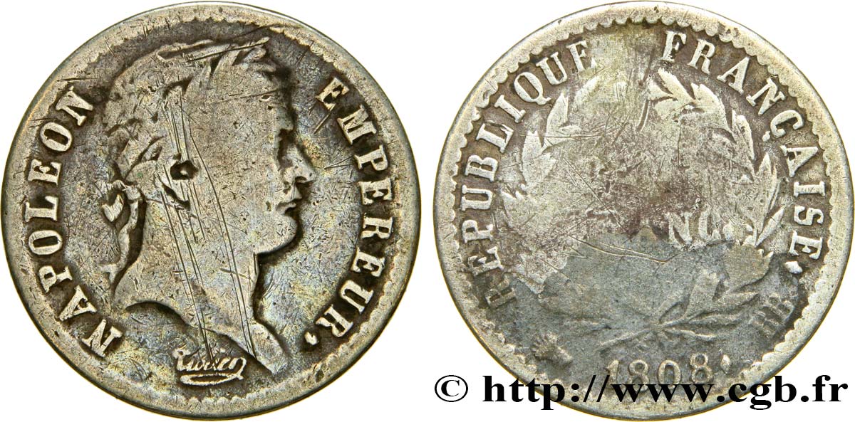 Demi-franc Napoléon Ier tête laurée, République française 1808 Strasbourg F.177/4 B12 