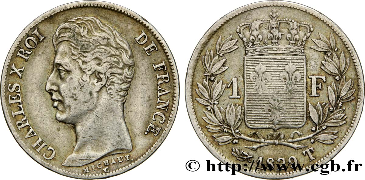 1 franc Charles X, matrice du revers à quatre feuilles 1829 Nantes F.207A/24 XF40 