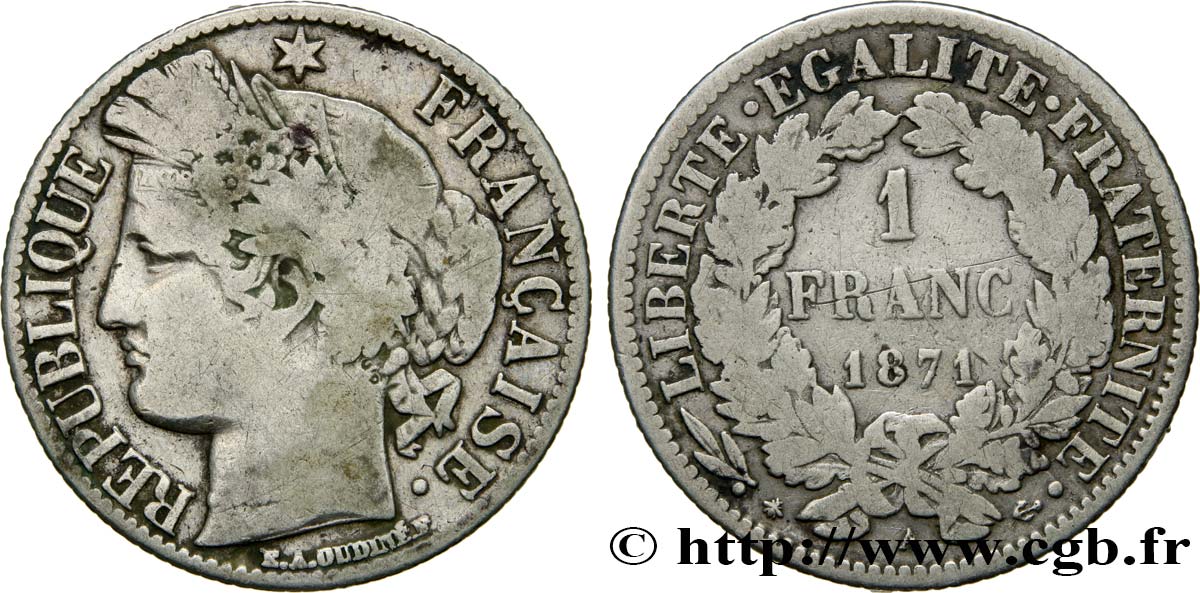 1 franc Cérès, IIIe République, petit A 1871 Paris F.216/2 BC15 