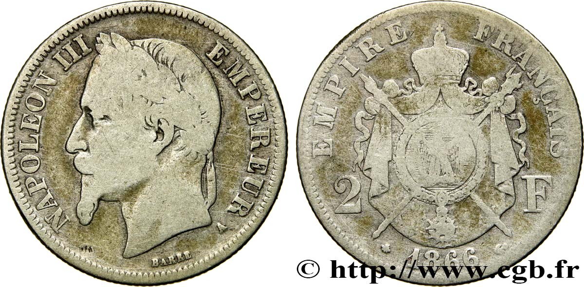 2 francs Napoléon III, tête laurée 1866 Paris F.263/2 B12 
