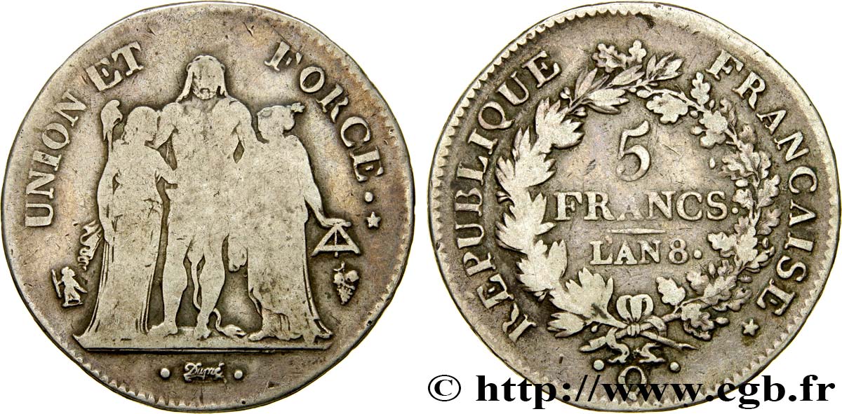 5 francs Union et Force, Union serré, avec glands intérieurs et gland extérieur 1800 Perpignan F.288/149 F15 