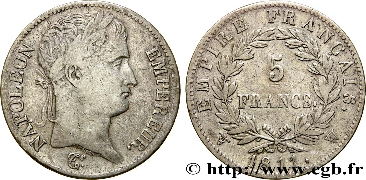 5 francs Napoléon Empereur, Empire français 1811 Lille F.307/40 VF35 