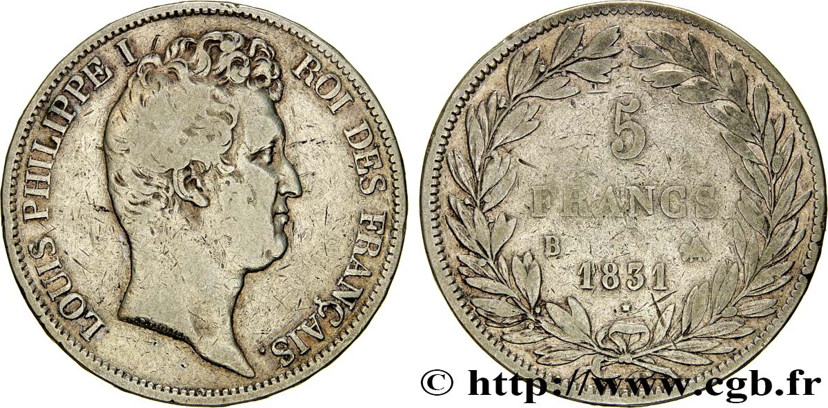 5 francs type Tiolier avec le I, tranche en relief 1831 Rouen F.316/3 MB25 