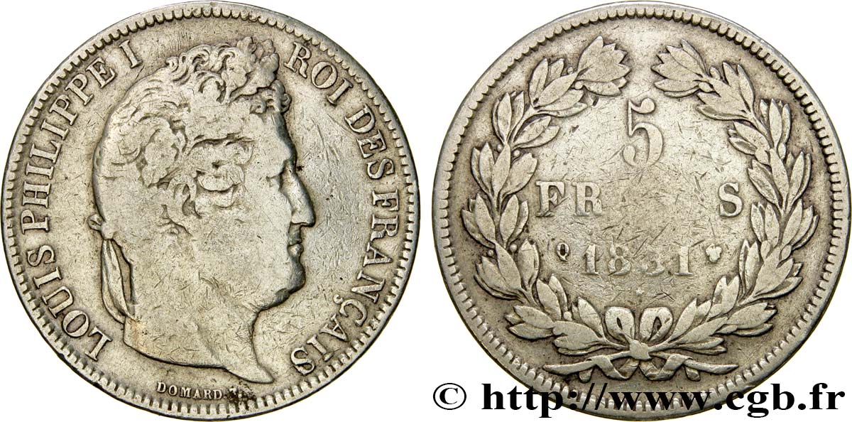 5 francs Ier type Domard, tranche en creux 1831 Perpignan F.319/7 BC15 