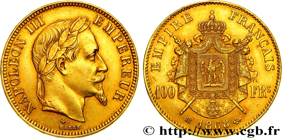 100 francs or Napoléon III, tête laurée 1868 Strasbourg F.551/11 AU50 