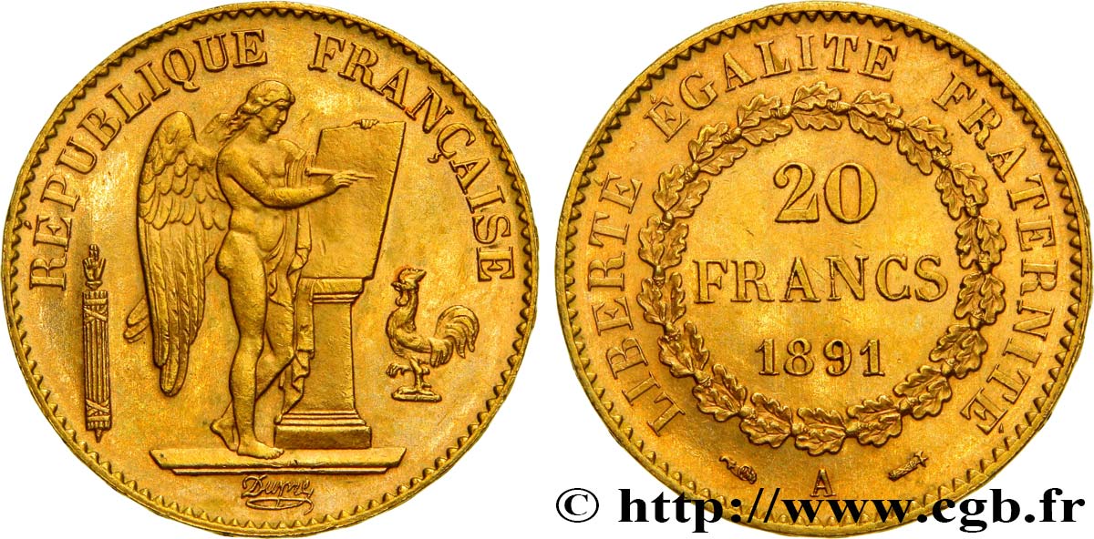 20 francs or Génie, IIIe République 1891 Paris F.533/15 MS63 