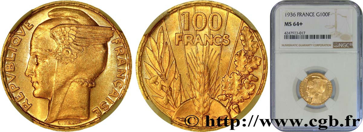 100 francs or, Bazor 1936  F.554/8 fST64 NGC