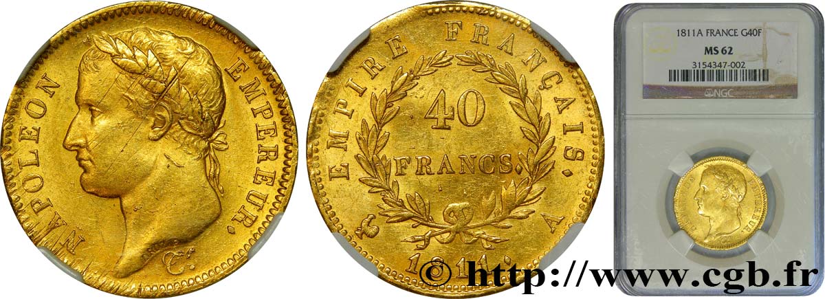 40 francs or Napoléon tête laurée, Empire français 1811 Paris F.541/6 SPL62 NGC