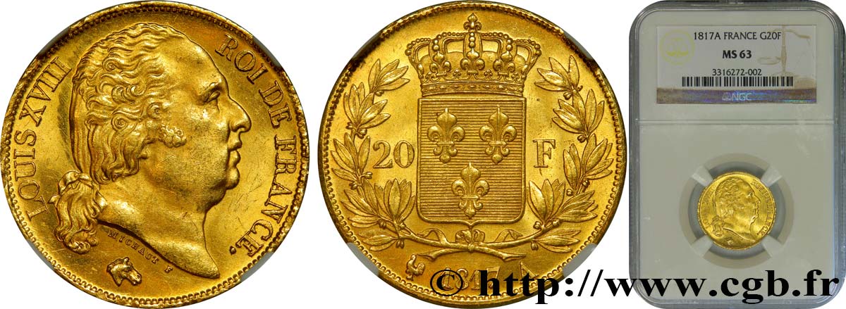 20 francs or Louis XVIII, tête nue 1817 Paris F.519/5 SC63 NGC