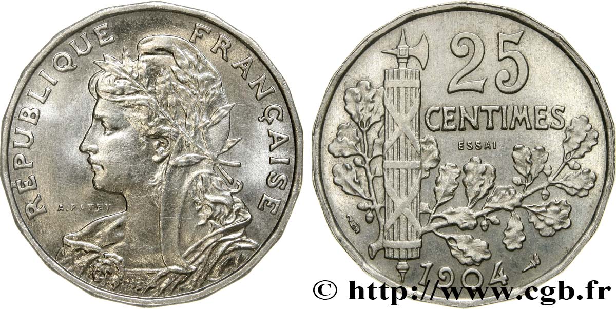 Essai de 25 centimes Patey, 18 pans - 2e type 1904  GEM.62 10 VZ62 
