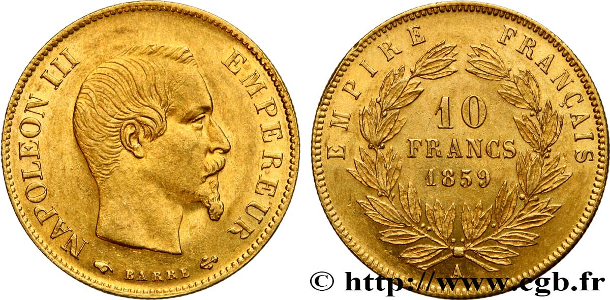10 francs or Napoléon III, tête nue 1859 Paris F.506/7 SS50 
