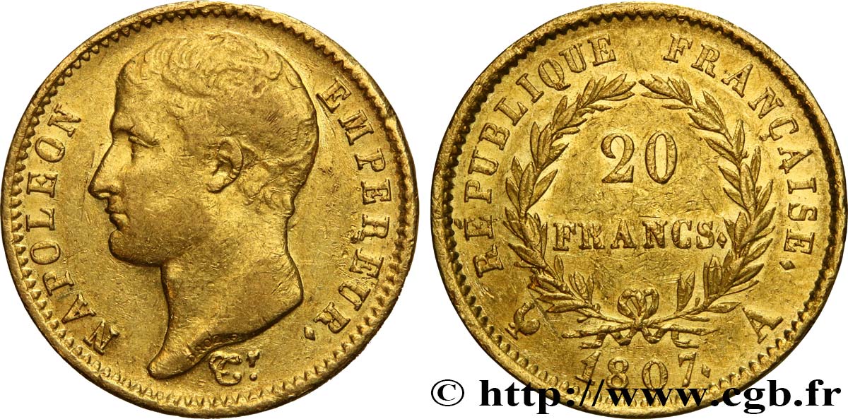 20 francs or Napoléon tête nue, type transitoire 1807 Paris F.514/1 TTB45 