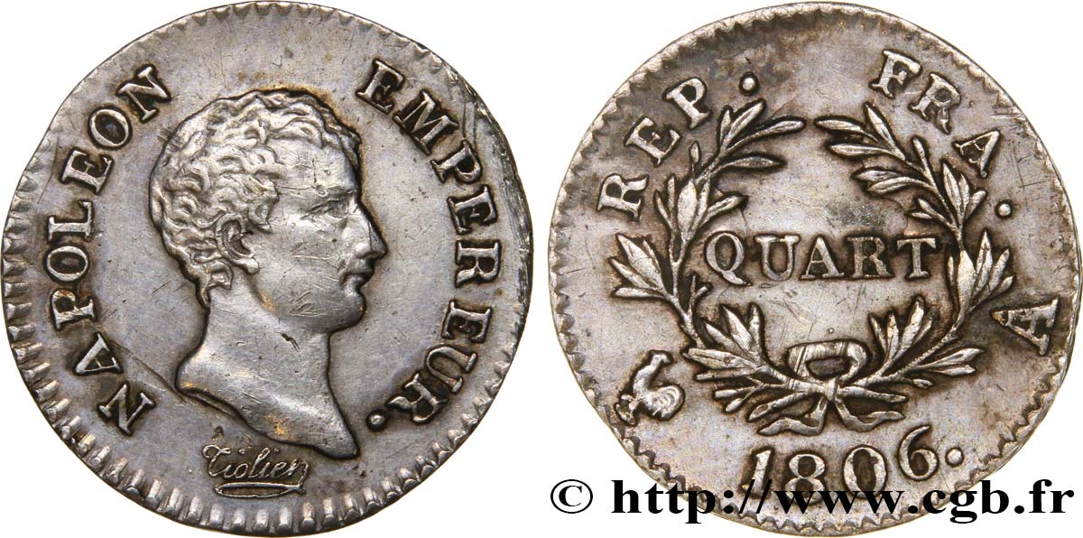 Quart (de franc) Napoléon Empereur, Calendrier grégorien 1806 Paris F.159/1 MBC48 