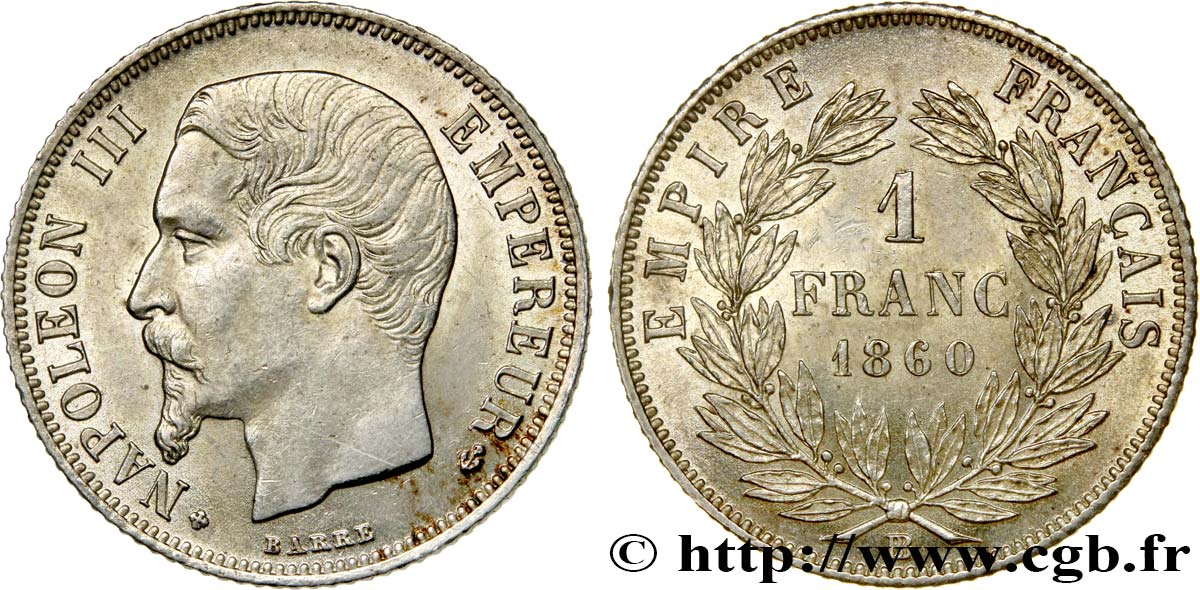 1 franc Napoléon III, tête nue 1860 Strasbourg F.214/19 AU55 