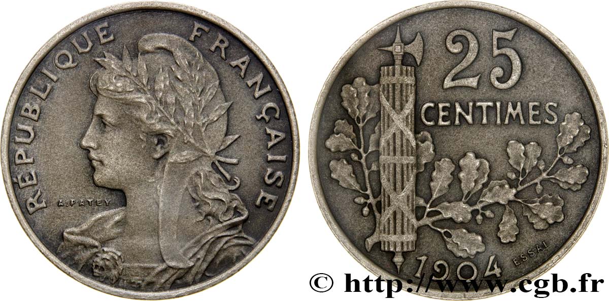 Essai de 25 centimes Patey, 2e type, tranche lisse sur flan rond 1904 Paris GEM.62 1 MS62 