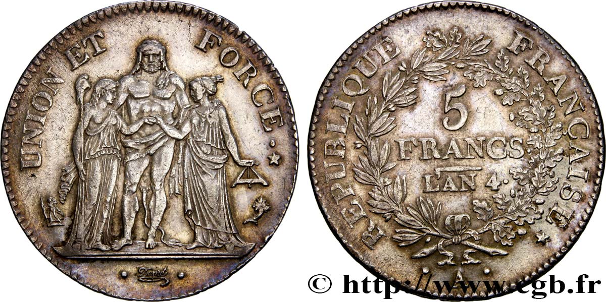 5 francs Union et Force, Union serré, avec glands intérieurs et gland extérieur 1796 Paris F.288/1 SUP55 