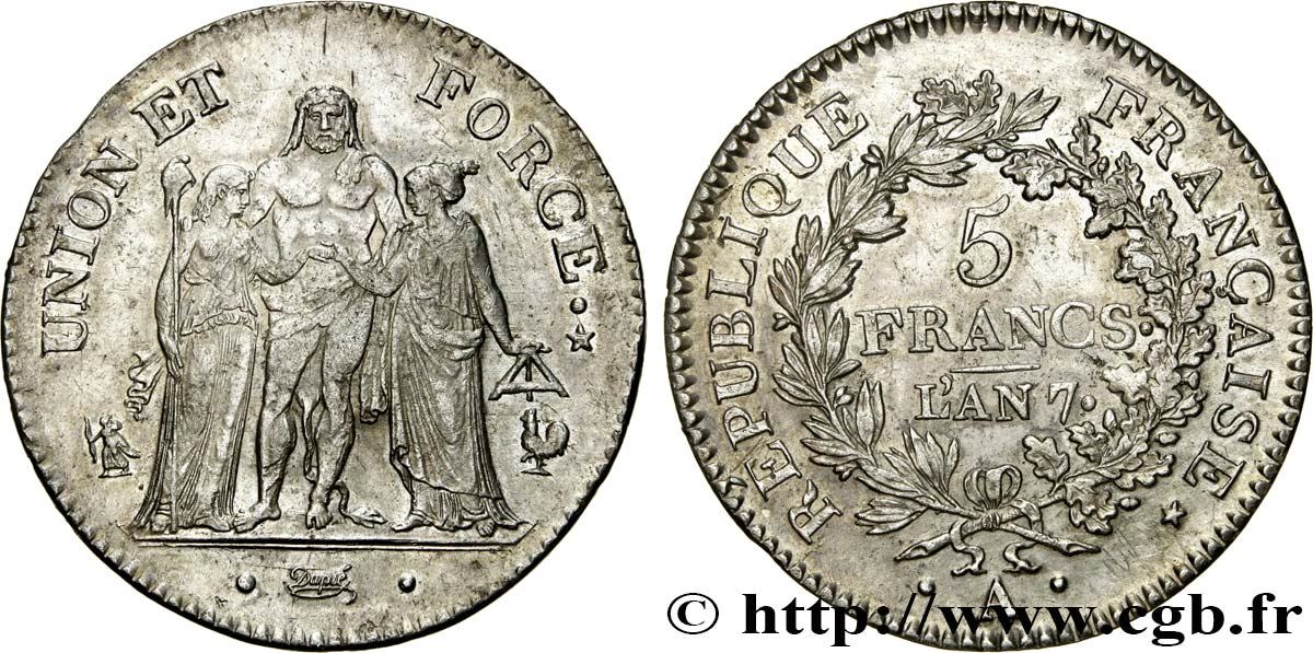 5 francs Union et Force, Union serré, seulement gland extérieur 1799 Paris F.288/98 EBC58 