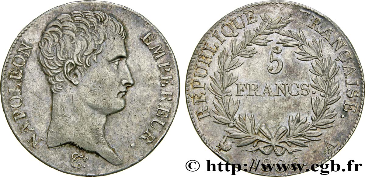 5 francs Napoléon Empereur, Calendrier grégorien 1806 Paris F.304/1 SS50 