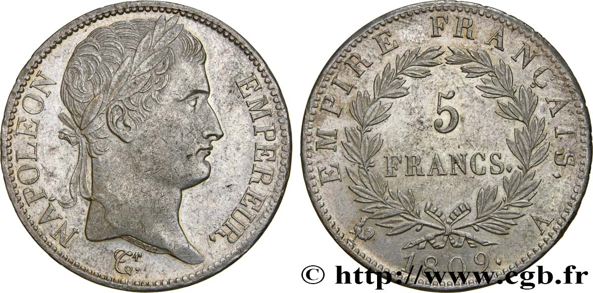 5 francs Napoléon Empereur, Empire français 1809 Paris F.307/1 AU55 
