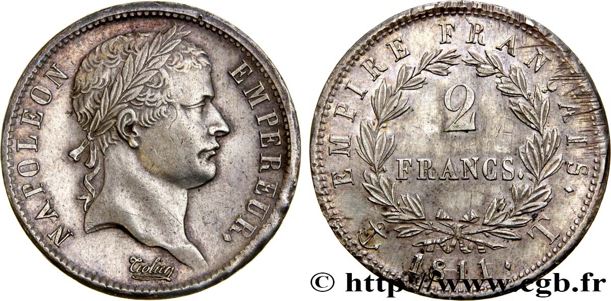 2 francs Napoléon Ier tête laurée, Empire français 1811 Nantes F.255/35 AU55 