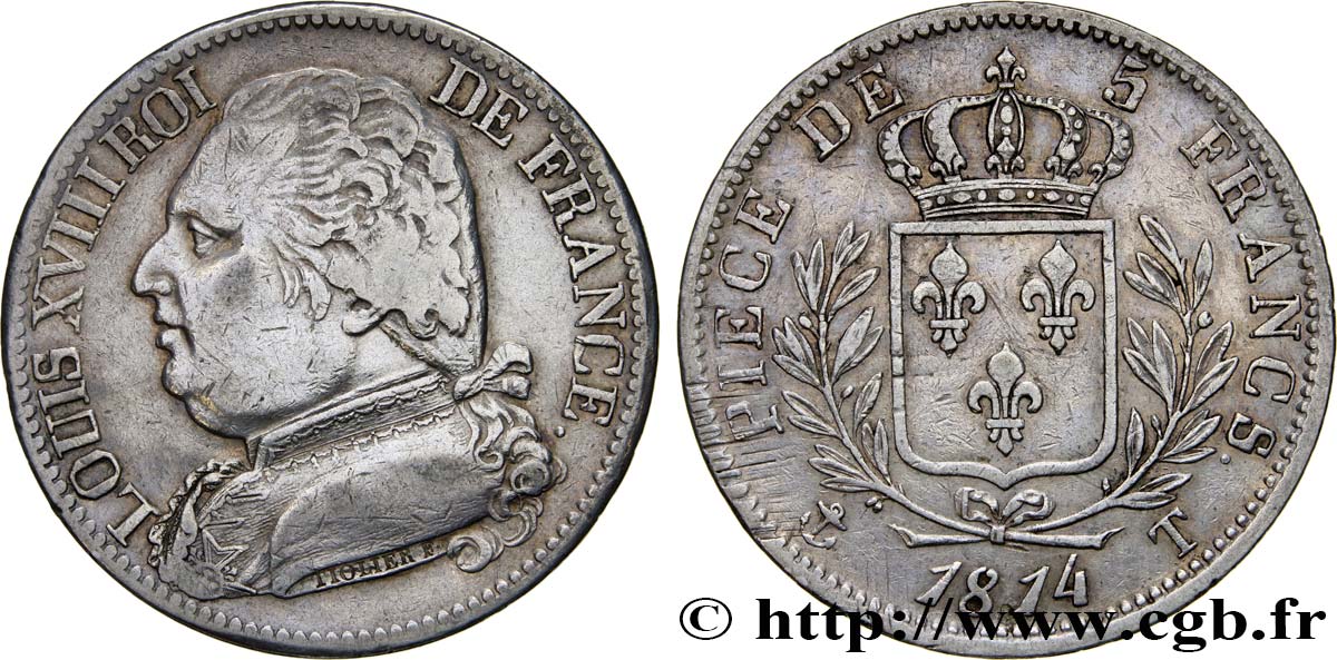 5 francs Louis XVIII, buste habillé 1814 Nantes F.308/12 SS40 