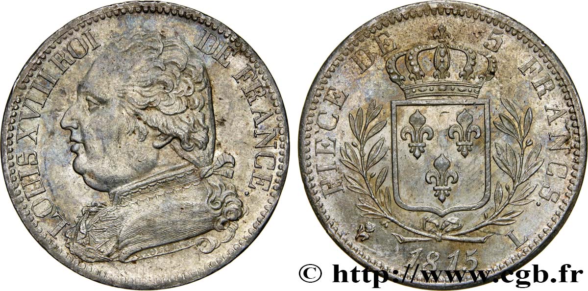 5 francs Louis XVIII, buste habillé 1815 Bayonne F.308/23 SPL56 
