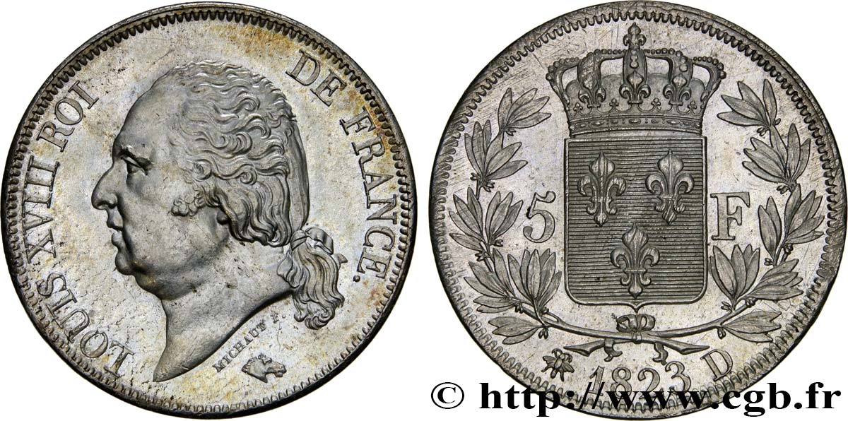 5 francs Louis XVIII, tête nue 1823 Lyon F.309/79 SPL+ 