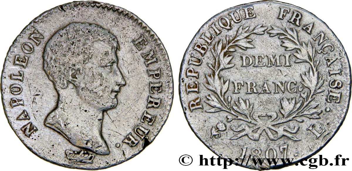 Demi-franc Napoléon Empereur, Calendrier grégorien 1807 Bayonne F.175/8 BC 