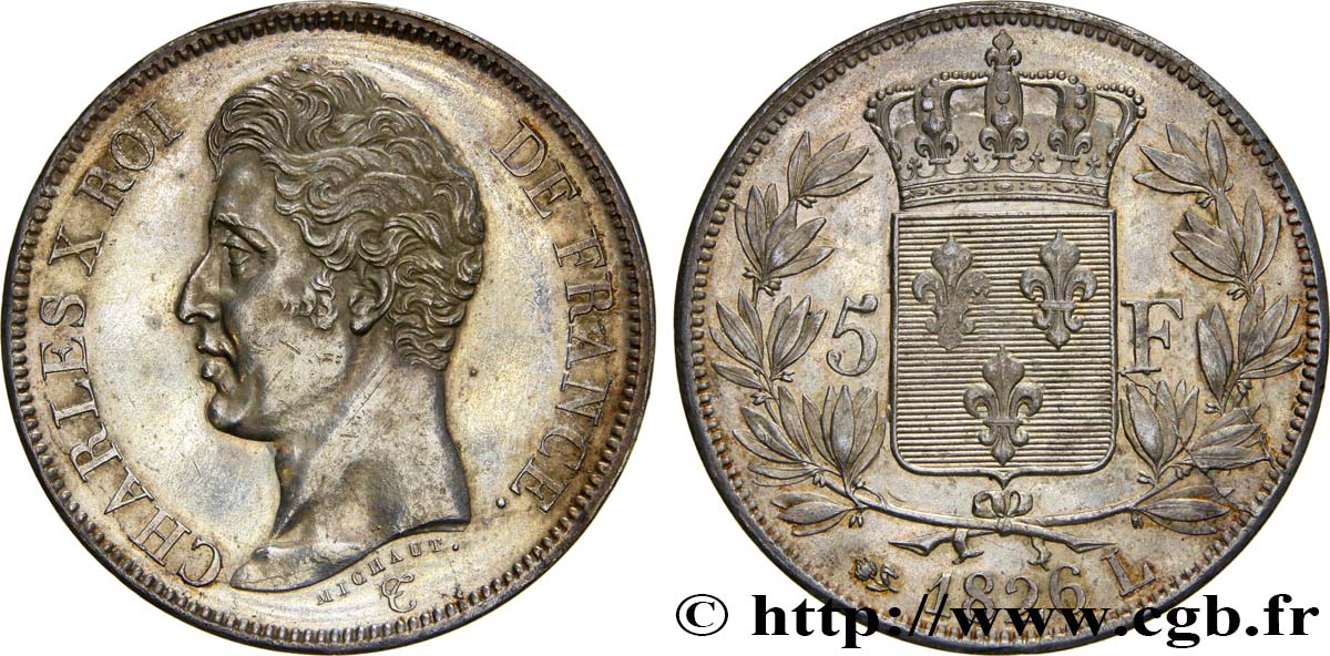 5 francs Charles X, 1er type 1826 Bayonne F.310/22 AU55 