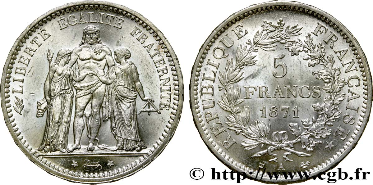 5 francs Hercule, dite “Camélinat” 1871 Paris F.334/3 MS62 