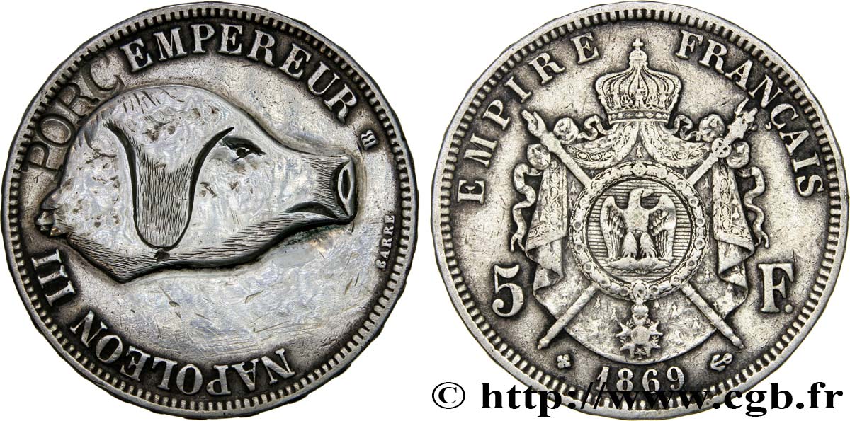 Monnaie satirique, 5 francs Napoléon III tête laurée, regravée (probablement postérieur à 1870) 1869 Strasbourg F.331/15 var. TTB 