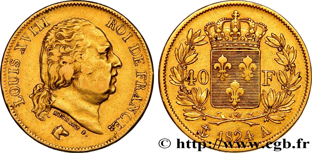 40 francs or Louis XVIII 1824 Paris F.542/15 BB40 