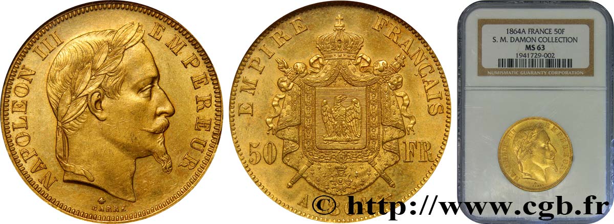 50 francs or Napoléon III, tête laurée 1864 Paris F.548/4 MS63 NGC