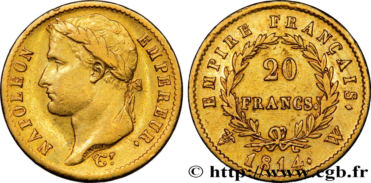 20 francs or Napoléon tête laurée, Empire français 1814 Lille F.516/42 MBC45 