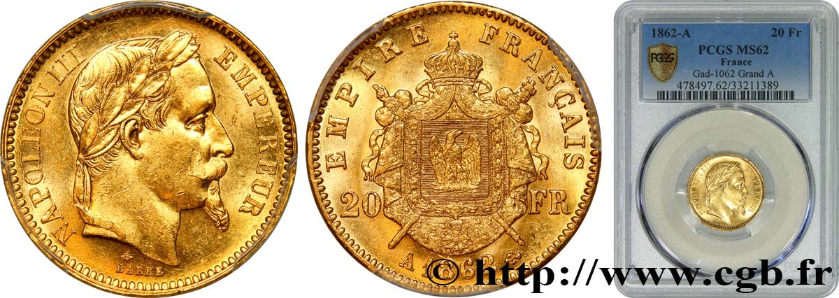 20 francs or Napoléon III, tête laurée, grand A 1862 Paris F.532/4 SUP62 PCGS