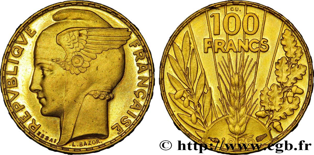 Essai de 100 francs Bazor en cuivre doré, flan bruni 1935  GEM.290 14 MS65 