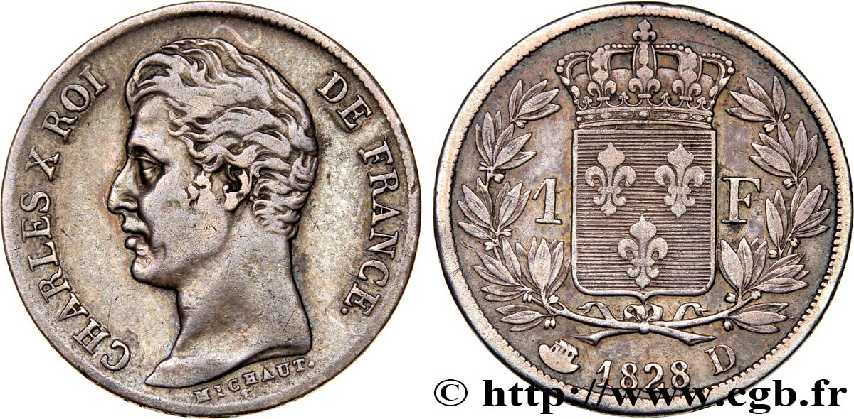 1 franc Charles X, matrice du revers à cinq feuilles 1828 Lyon F.207/40 TTB40 
