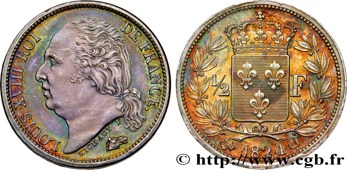 1/2 franc Louis XVIII 1824 Perpignan F.179/51 EBC62 