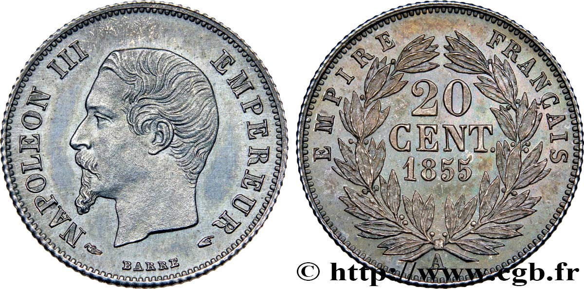 20 centimes Napoléon III, tête nue 1855 Paris F.148/3 SUP62 