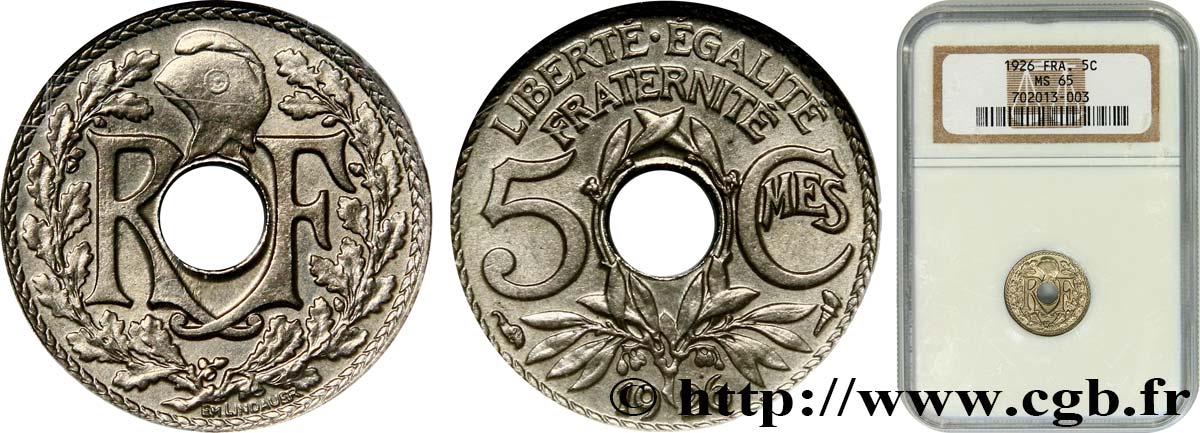 5 centimes Lindauer, petit module 1926  F.122/11 ST65 NGC